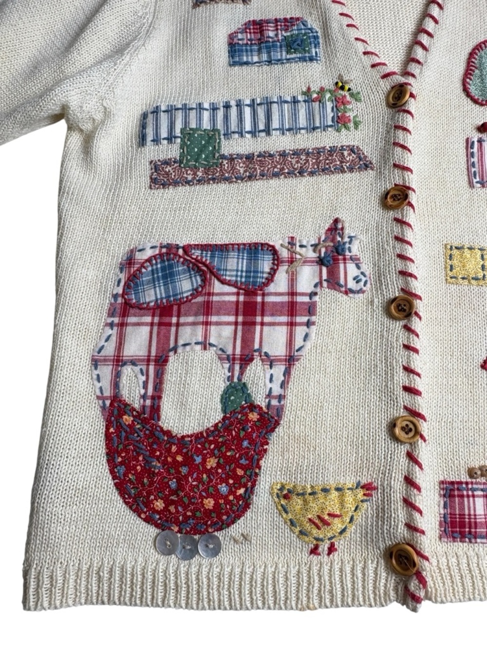 VTG 1995 Susan Bristol Hand Embroidered Farm Scene Cardigan • L • Ramie Cotton - Picture 4 of 12